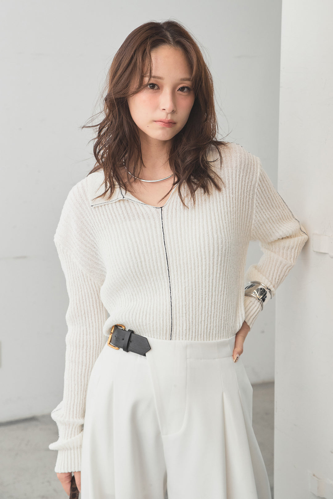 [SET]衿付きニットプルオーバー+サイドベルトタック入りスラックス(2set)