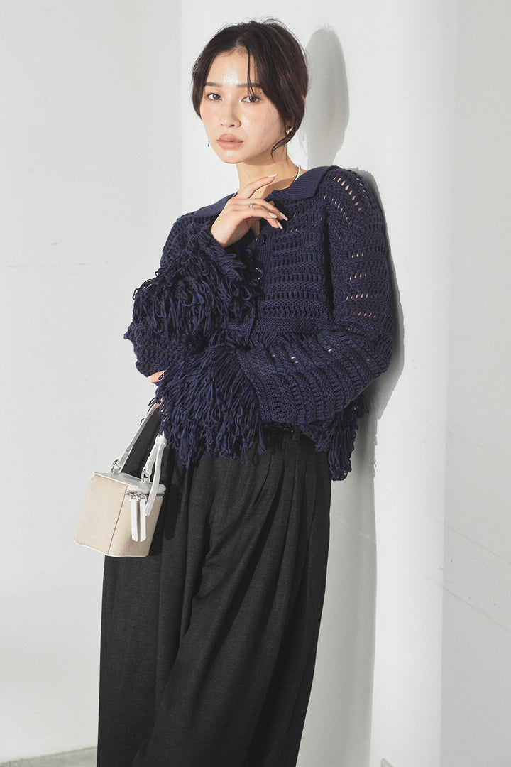 [SET]メッシュフリンジカーディガン+編みベルト付きウエストタックワイドパンツ(2set)