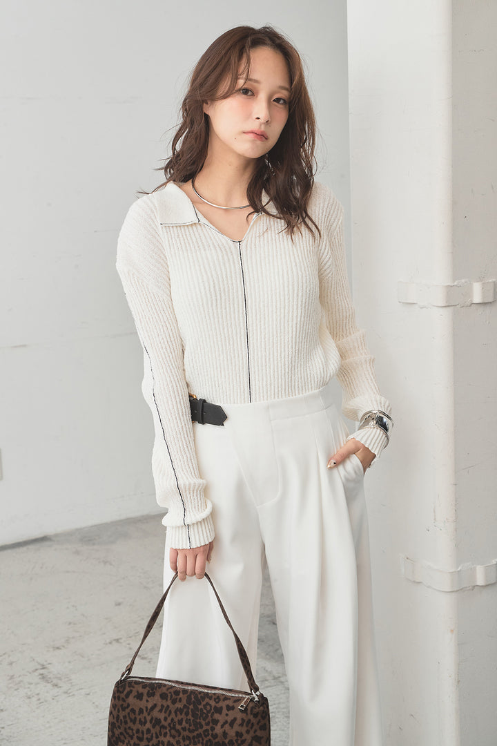 [SET]衿付きニットプルオーバー+サイドベルトタック入りスラックス(2set)