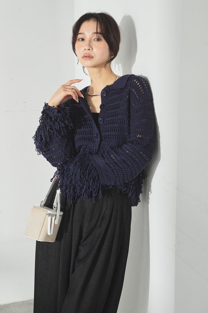 [SET]メッシュフリンジカーディガン+編みベルト付きウエストタックワイドパンツ(2set)
