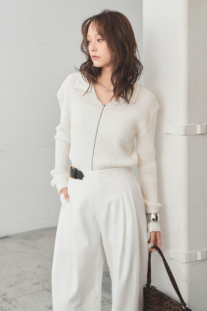 [SET]衿付きニットプルオーバー+サイドベルトタック入りスラックス(2set)