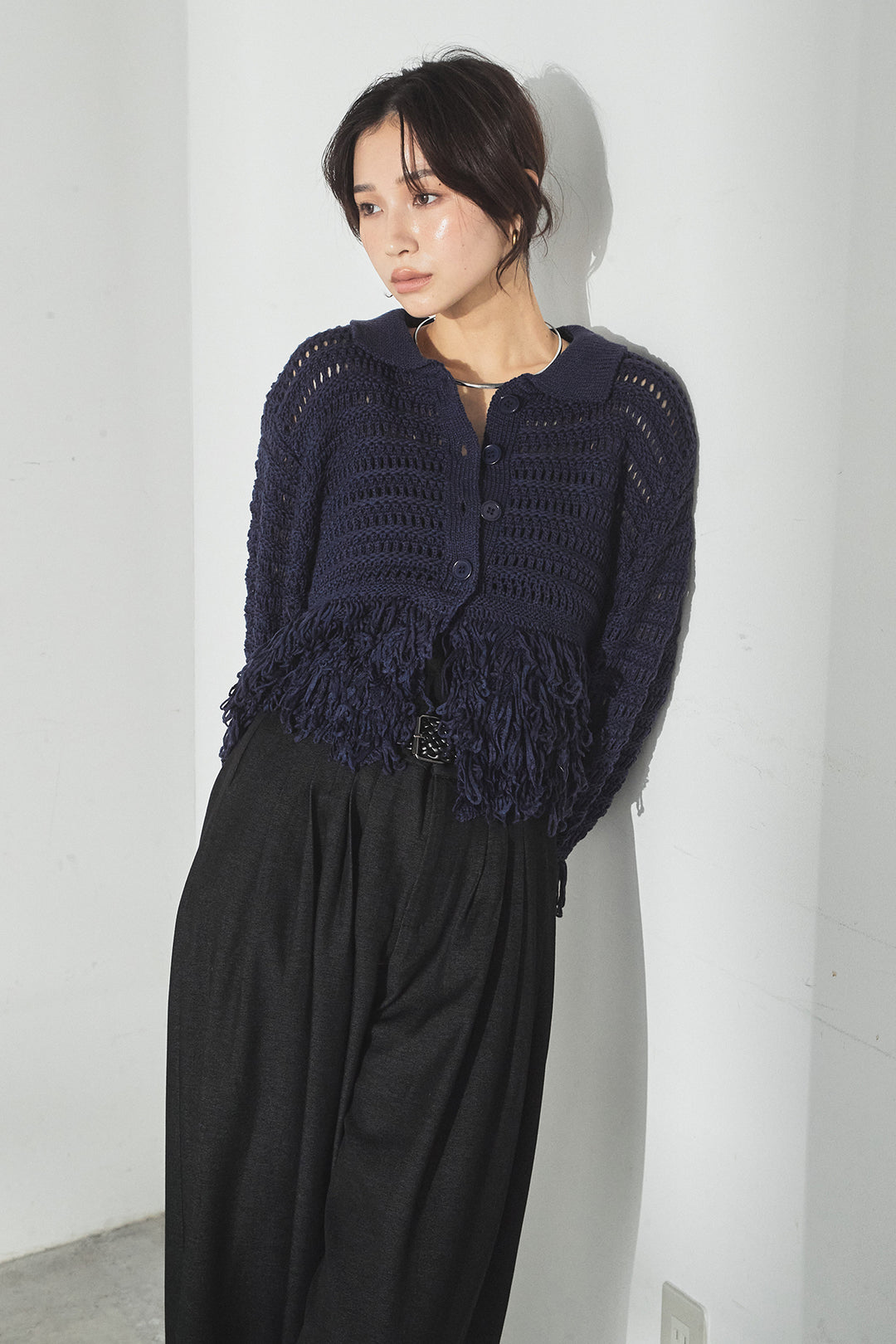 [SET]メッシュフリンジカーディガン+編みベルト付きウエストタックワイドパンツ(2set)