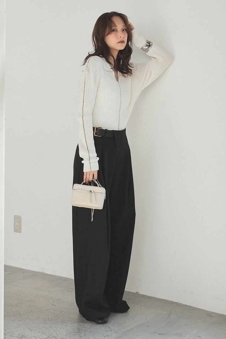 [SET]衿付きニットプルオーバー+サイドベルトタック入りスラックス(2set)