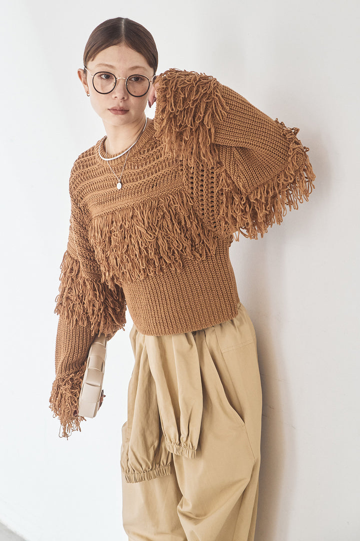 [SET]メッシュフリンジ切り替えプルオーバー+合繊ツイルスタンドウエスト巻きジョガーパンツ(2set)