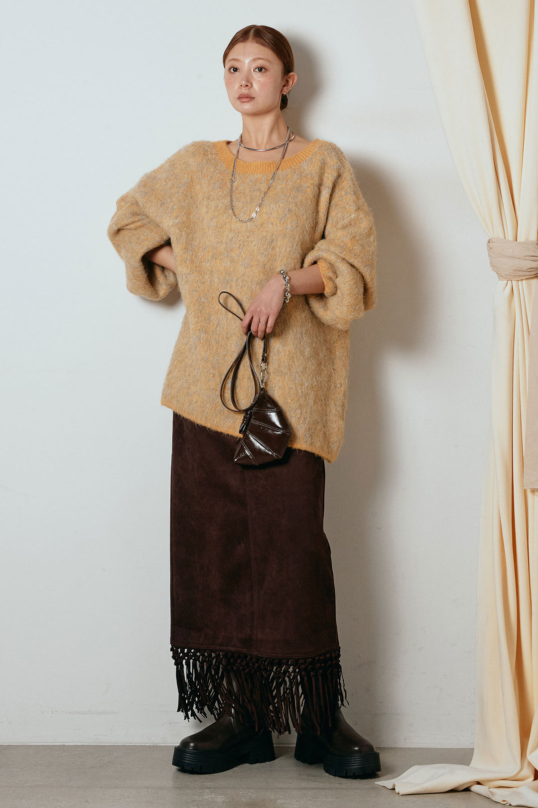 [SET]ボリュームスリーブミックスニットトップス+スウェードライク裾フリンジスカート(2set)