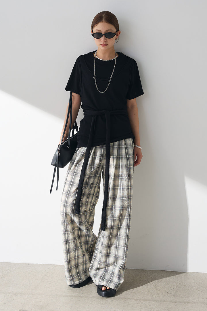 [SET]フロントタイTシャツ+タータンチェックワイドパンツ(2set)