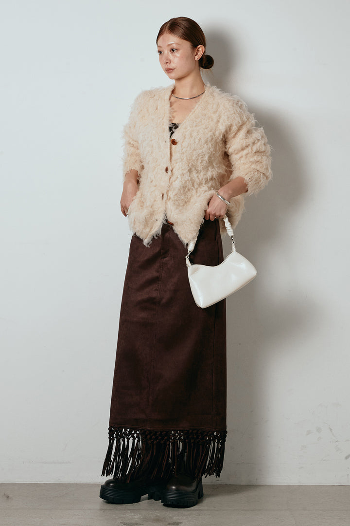 [SET]ルーズシャギーニットカーディガン+スウェードライク裾フリンジスカート(2set)