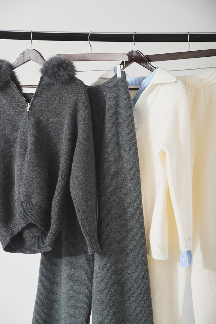 【着回しセット】[SET]ファー付きフーディーニットSETUP+ストライプドッキングニットポロSETUP(2set)