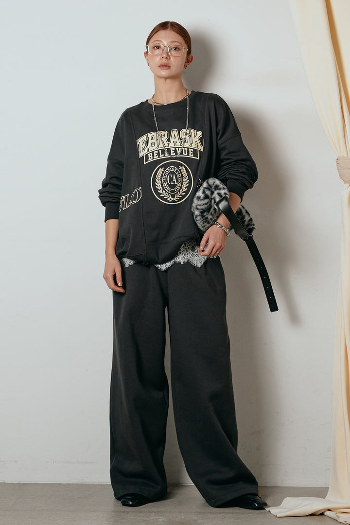 [SET]裏毛カレッジプリントプルオーバー+裏起毛スウェットワイドパンツ+カップ付きレースドッキングキャミソール(3set)