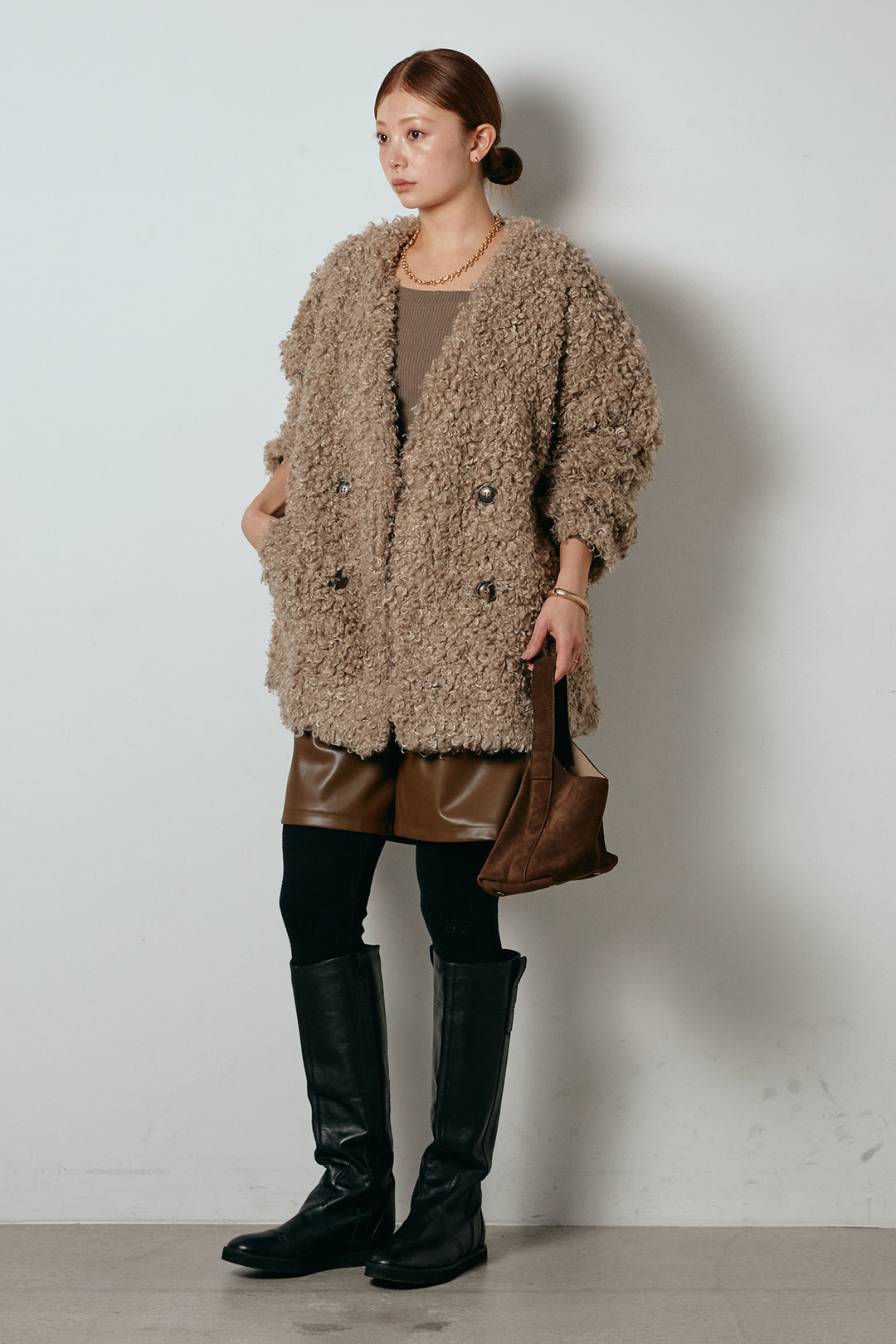 [SET]シープライクファージャケット+ストレッチエコレザーバミューダパンツ(2set)