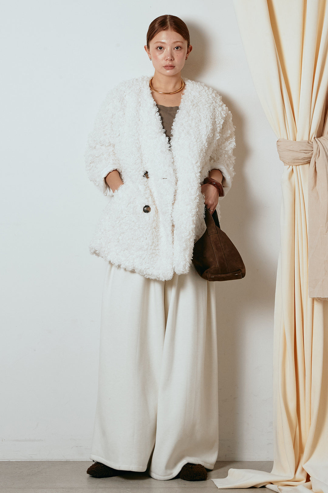 [SET]シープライクファージャケット+フェイクレザー太ベルト付きタックワイドパンツ(2set)