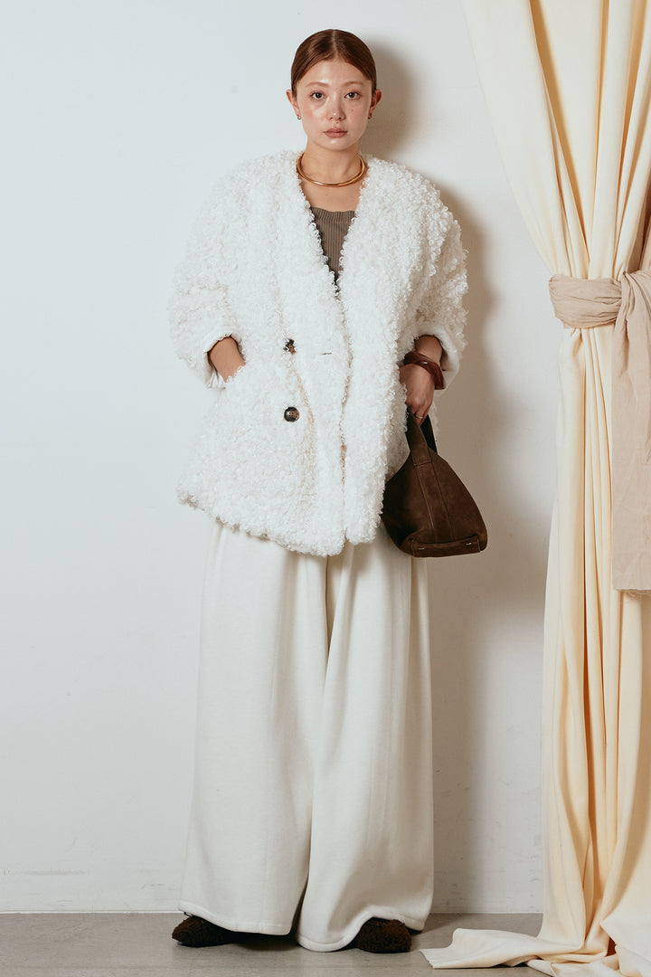 [SET]シープライクファージャケット+フェイクレザー太ベルト付きタックワイドパンツ(2set)