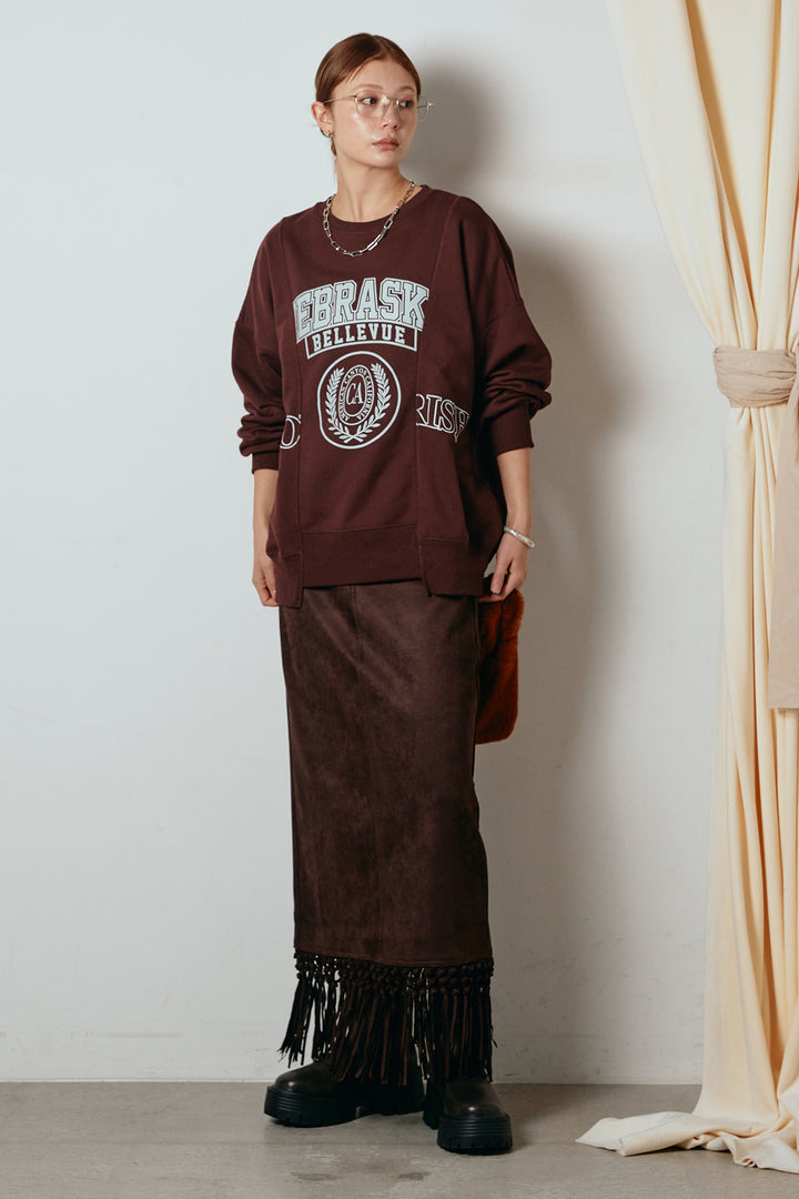 [SET]裏毛カレッジプリントプルオーバー+スウェードライク裾フリンジスカート(2set)