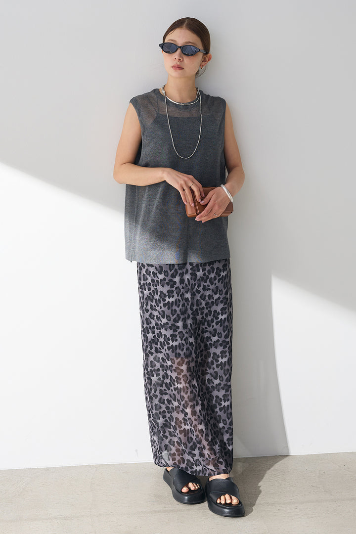 [SET]シースルーノースリーブニット+レオパード柄ストレートスカート(2set)