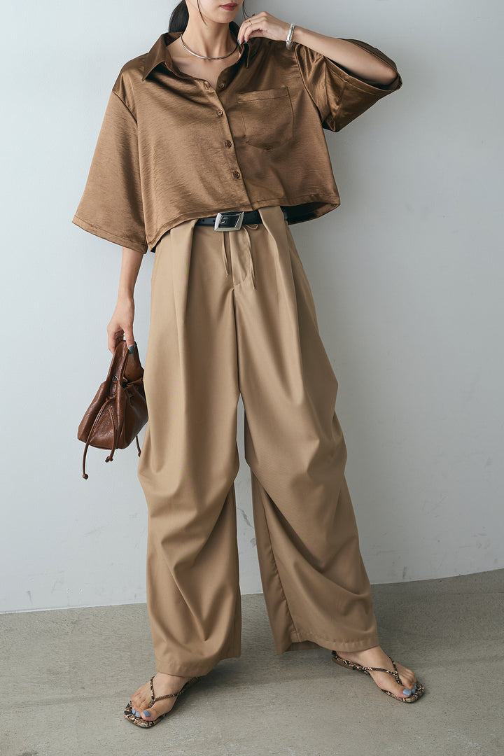 [SET]サテンクロップドシャツ+デザインタックパンツ(2set)