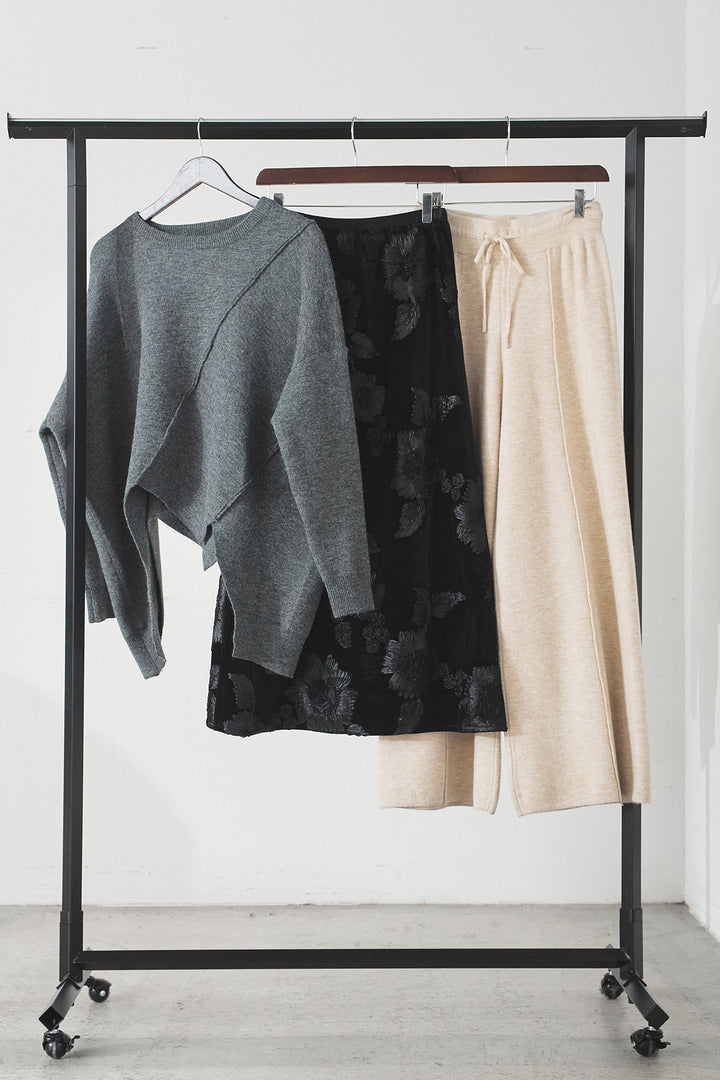 【着回しセット】[SET]アシンメトリーデザインニットトップス+センターラインニットパンツ+フラワー刺繍ワイドスカート(3set)