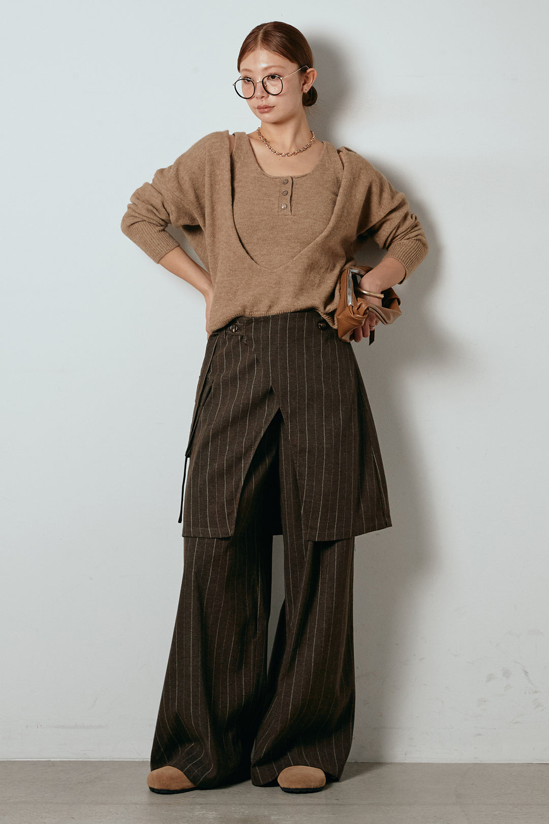 [SET]襟付きレイヤードニットトップス+細ストライプレイヤードデザインパンツ(2set)
