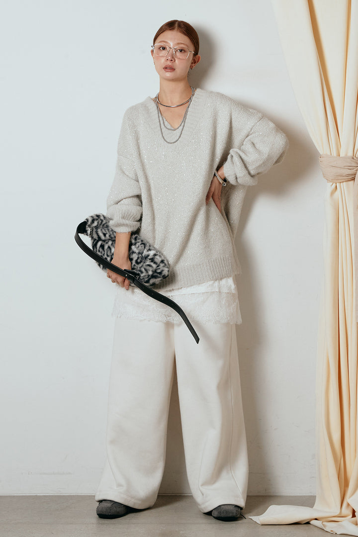 [SET]Vネックルーズラメニットトップス+レース切り替えキャミソール(2set)