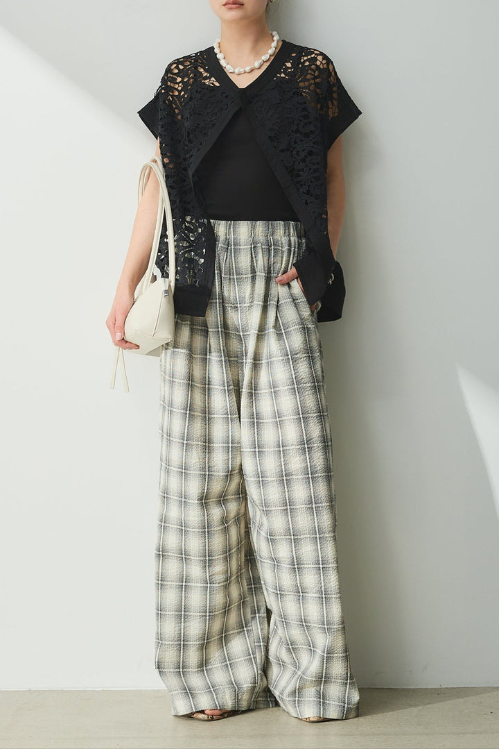 [SET]リネンフラワー鍵編みベスト+タータンチェックワイドパンツ(2set)