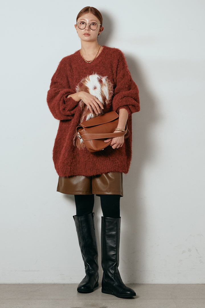 [SET]シャギーニュアンスアニマルニット+ストレッチエコレザーバミューダパンツ(2set)