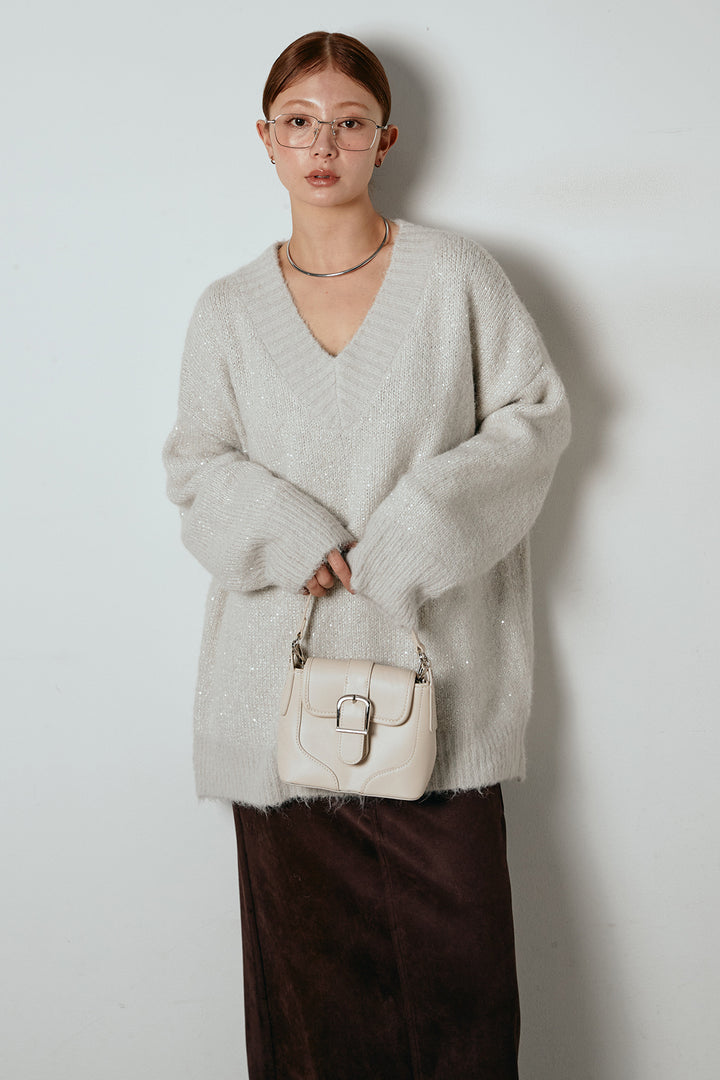 [SET]Vネックルーズラメニットトップス+スウェードライク裾フリンジスカート(2set)