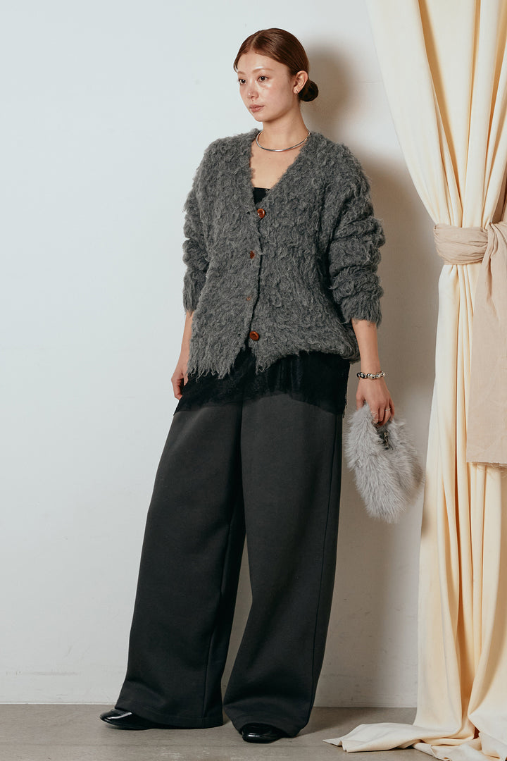 [SET]ルーズシャギーニットカーディガン+裏起毛スウェットワイドパンツ+レース切り替えキャミソール(3set)