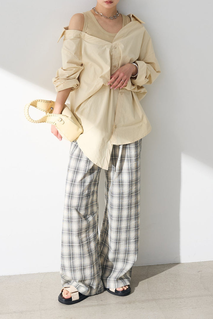 [SET]タンク付きアシメシャツ+タータンチェックワイドパンツ(2set)