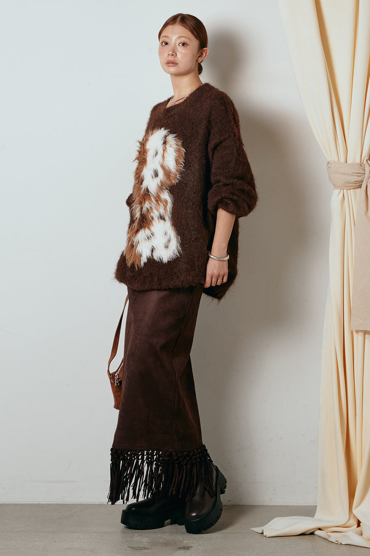 [SET]シャギーニュアンスアニマルニット+スウェードライク裾フリンジスカート(2set)