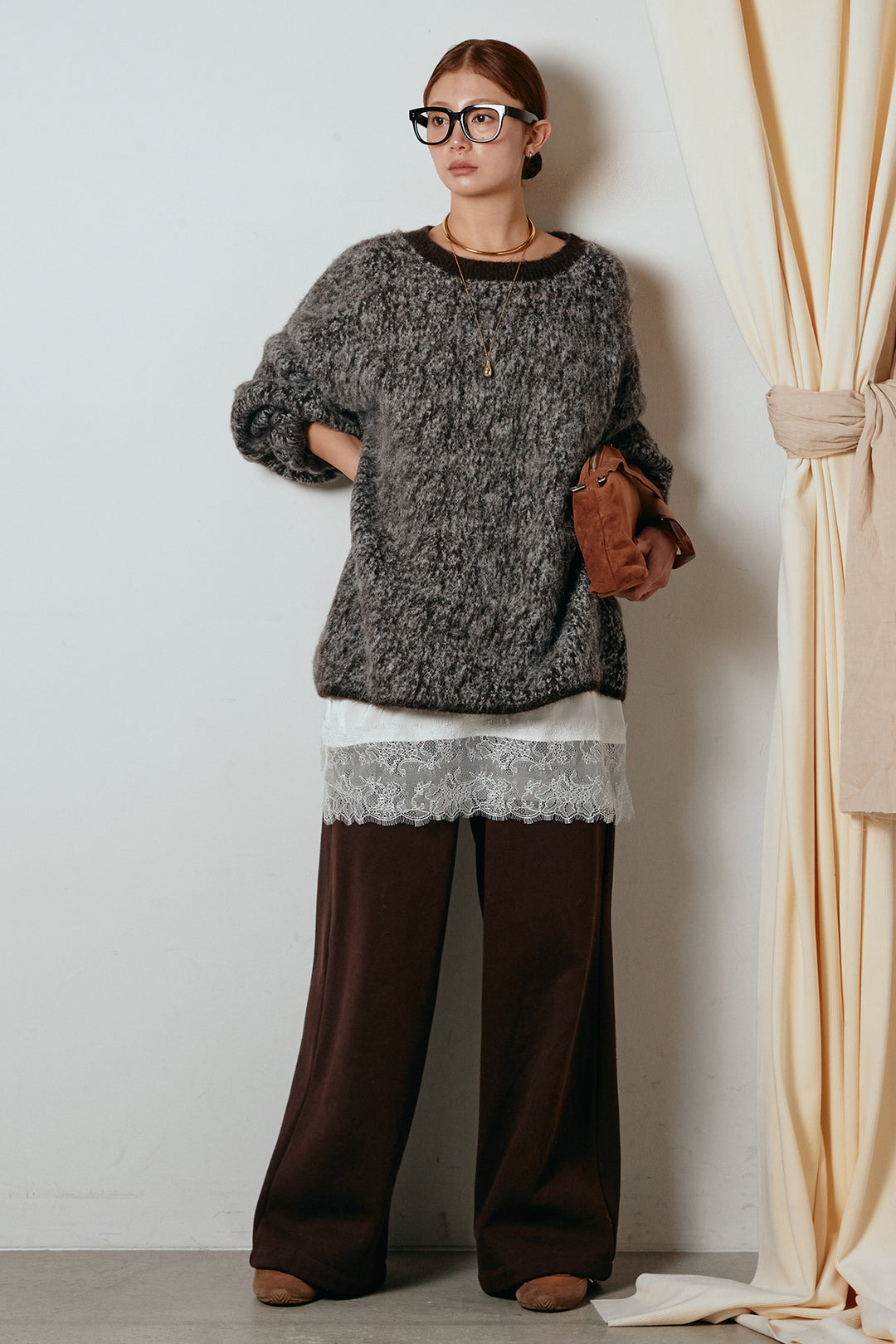 [SET]ボリュームスリーブミックスニットトップス+裏起毛スウェットワイドパンツ+レース切り替えキャミソール(3set)