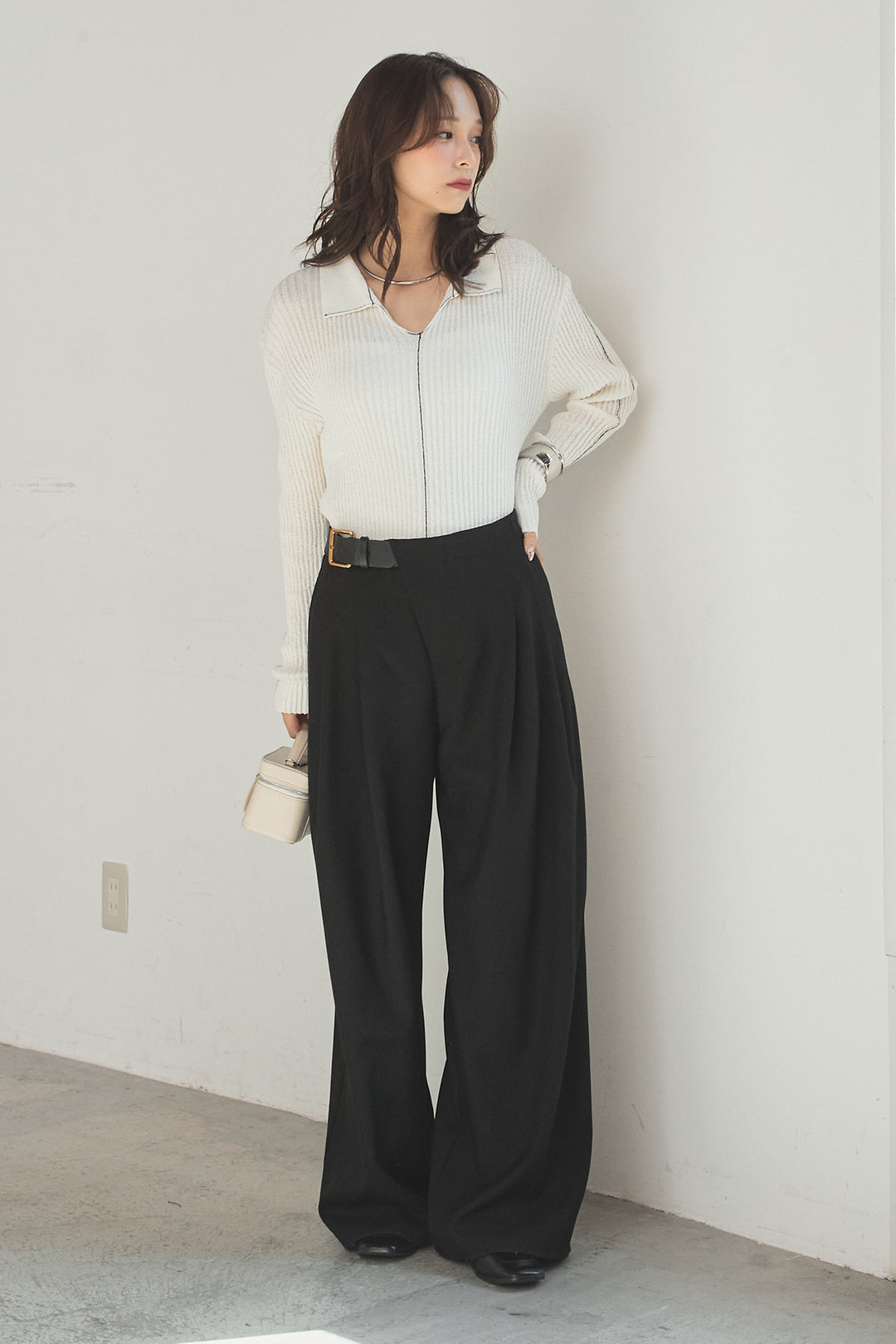 [SET]衿付きニットプルオーバー+サイドベルトタック入りスラックス(2set)