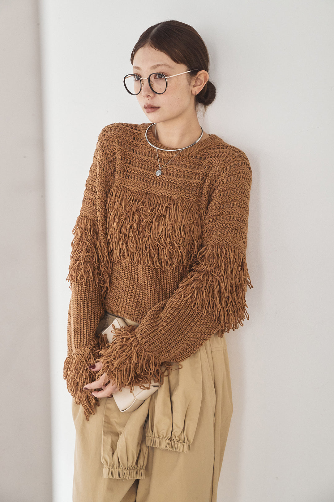 [SET]メッシュフリンジ切り替えプルオーバー+合繊ツイルスタンドウエスト巻きジョガーパンツ(2set)