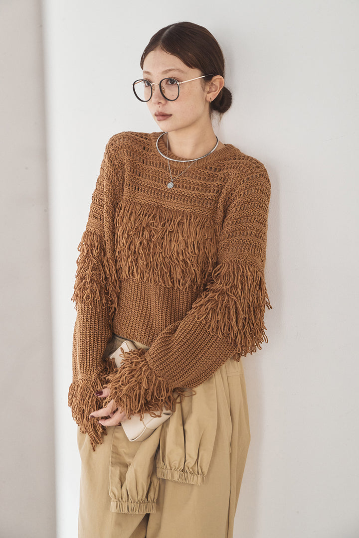 [SET]メッシュフリンジ切り替えプルオーバー+合繊ツイルスタンドウエスト巻きジョガーパンツ(2set)