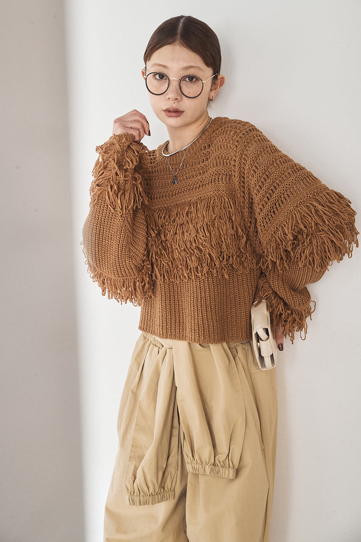 [SET]メッシュフリンジ切り替えプルオーバー+合繊ツイルスタンドウエスト巻きジョガーパンツ(2set)