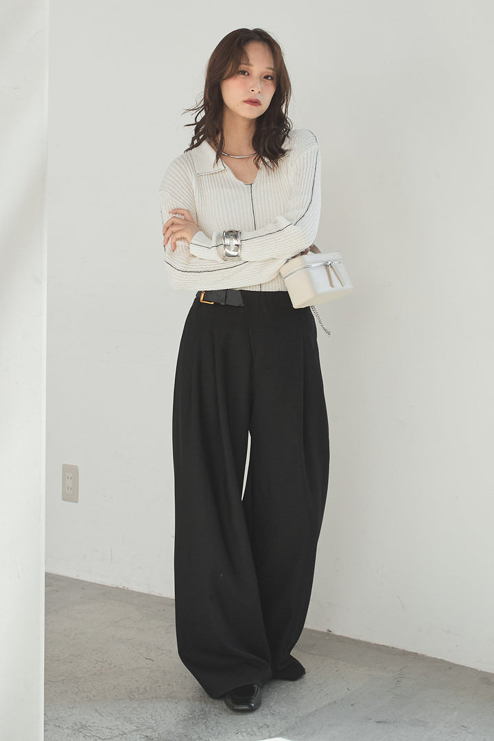 [SET]衿付きニットプルオーバー+サイドベルトタック入りスラックス(2set)
