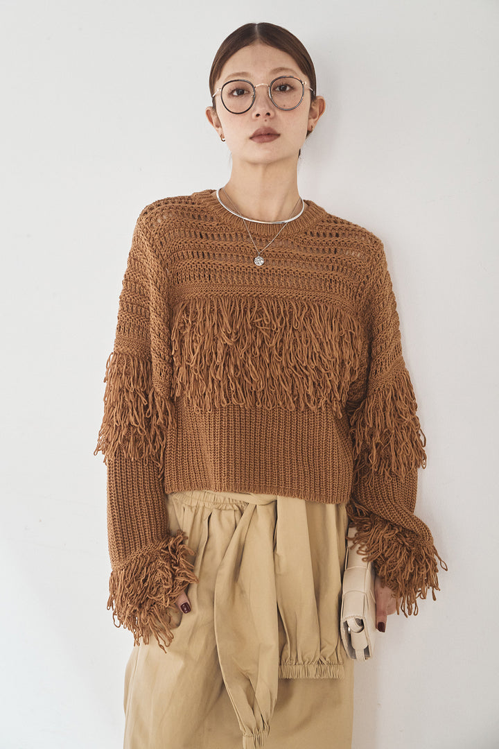 [SET]メッシュフリンジ切り替えプルオーバー+合繊ツイルスタンドウエスト巻きジョガーパンツ(2set)