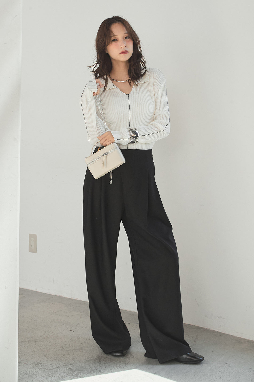 [SET]衿付きニットプルオーバー+サイドベルトタック入りスラックス(2set)