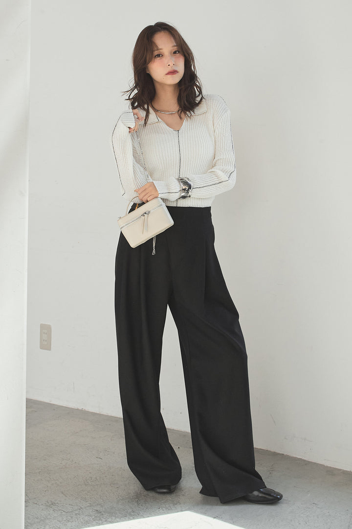 [SET]衿付きニットプルオーバー+サイドベルトタック入りスラックス(2set)