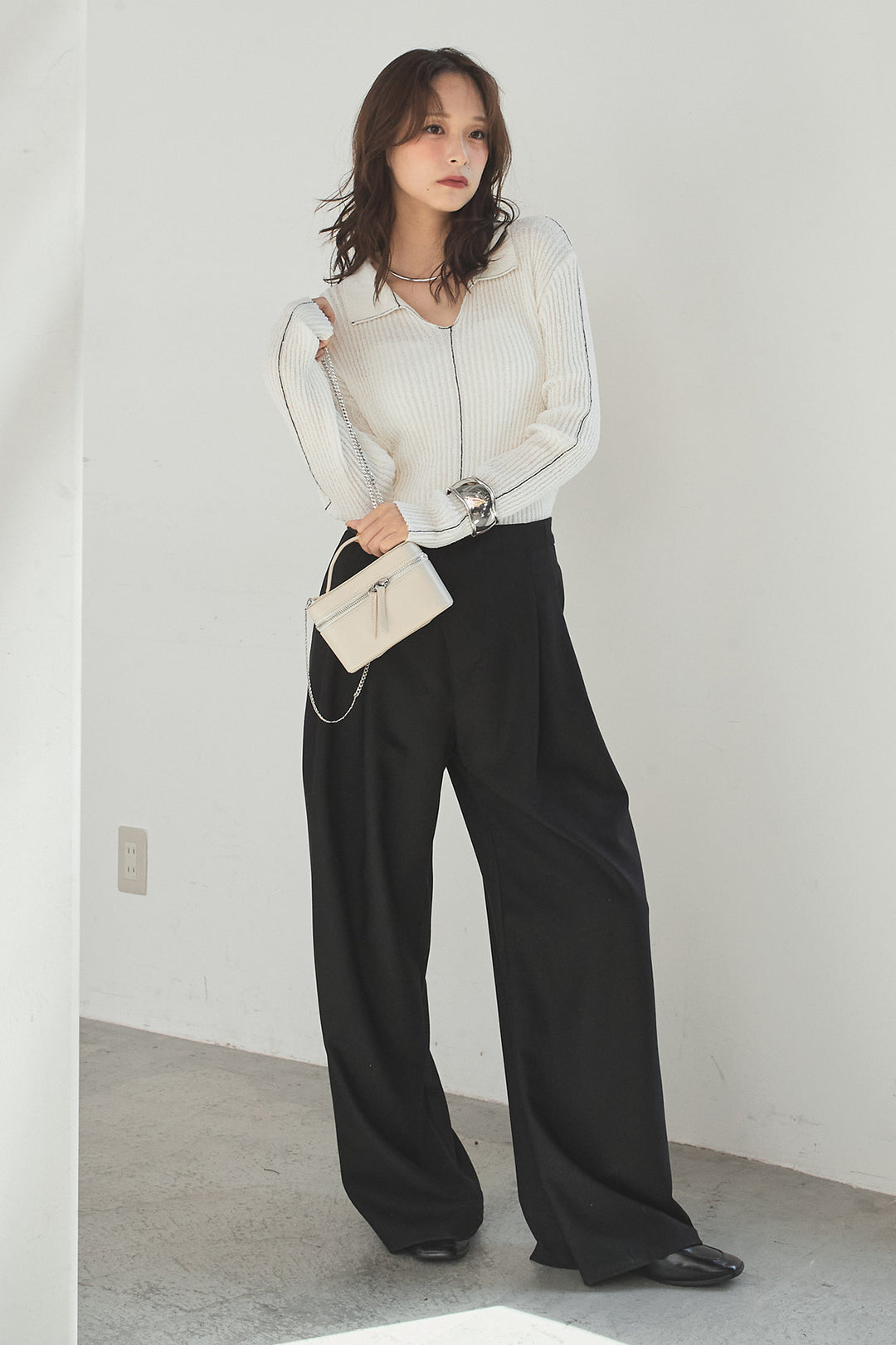 [SET]衿付きニットプルオーバー+サイドベルトタック入りスラックス(2set)