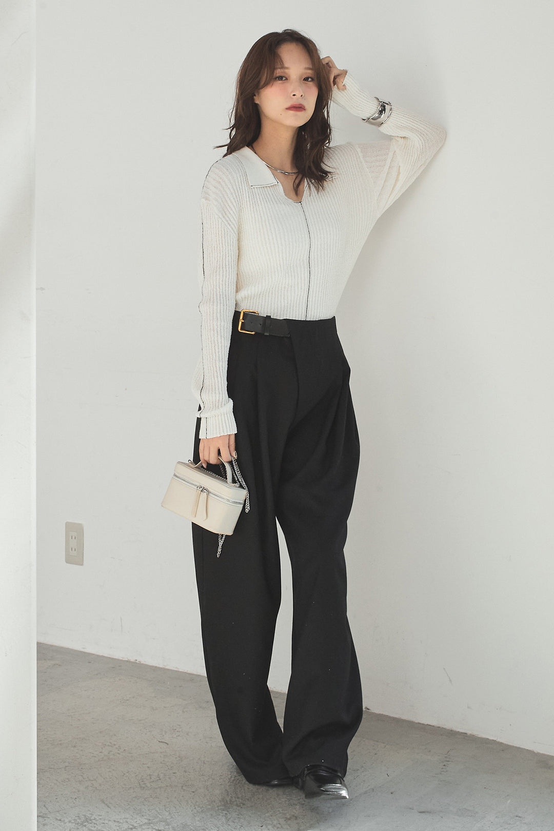 [SET]衿付きニットプルオーバー+サイドベルトタック入りスラックス(2set)