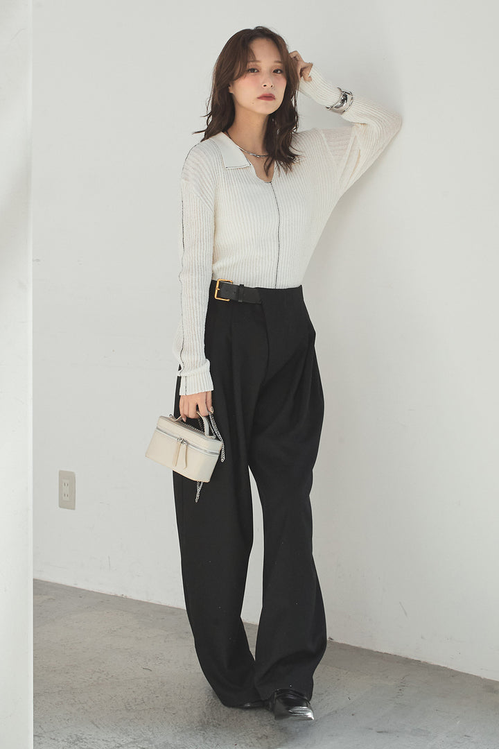 [SET]衿付きニットプルオーバー+サイドベルトタック入りスラックス(2set)