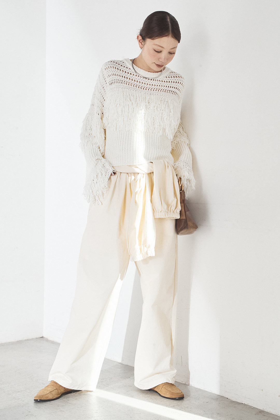 [SET]メッシュフリンジ切り替えプルオーバー+合繊ツイルスタンドウエスト巻きジョガーパンツ(2set)