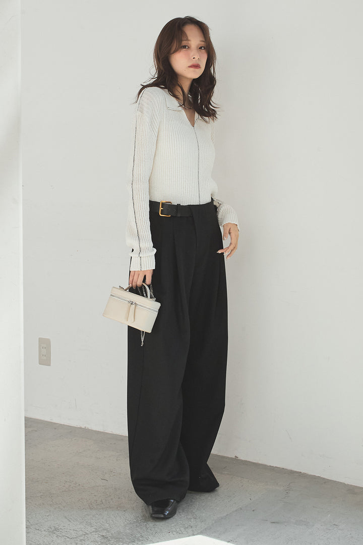 [SET]衿付きニットプルオーバー+サイドベルトタック入りスラックス(2set)