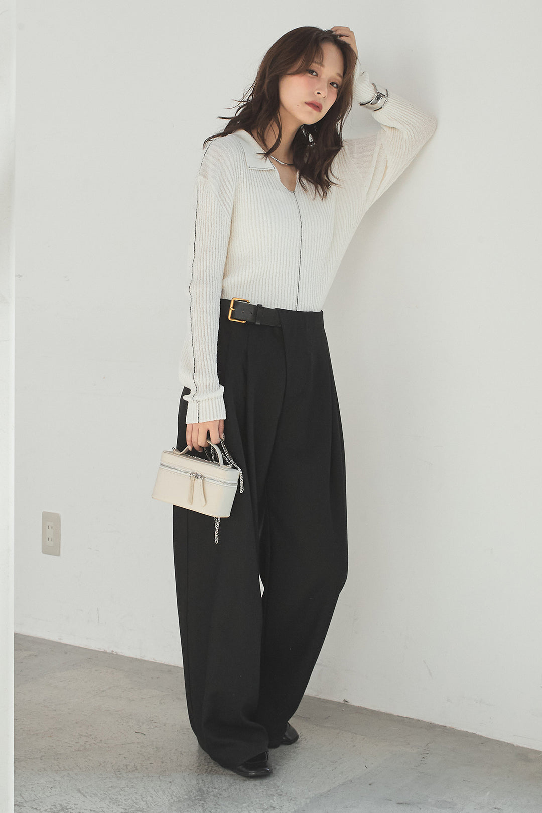 [SET]衿付きニットプルオーバー+サイドベルトタック入りスラックス(2set)