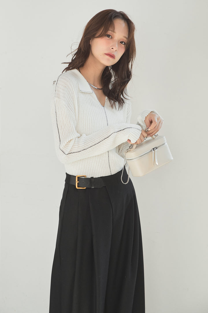 [SET]衿付きニットプルオーバー+サイドベルトタック入りスラックス(2set)