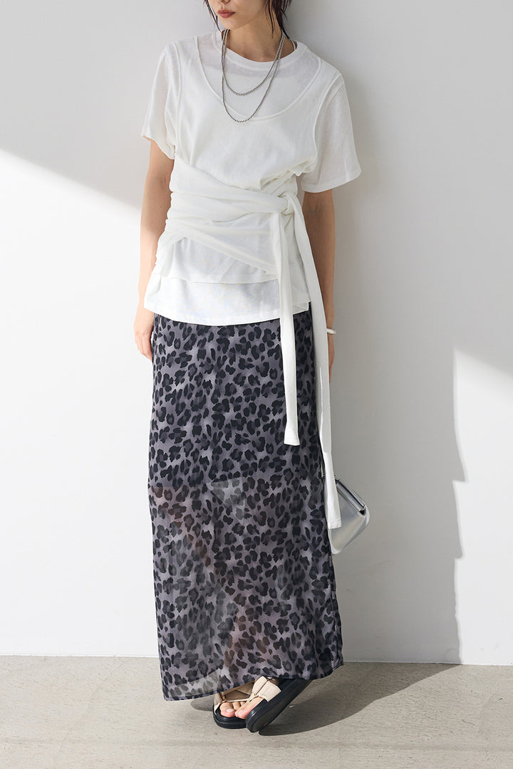 [SET]フロントタイTシャツ+レオパード柄ストレートスカート(2set)