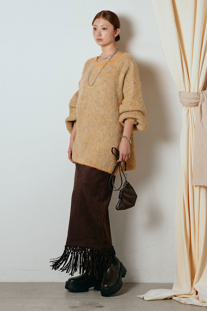 [SET]ボリュームスリーブミックスニットトップス+スウェードライク裾フリンジスカート(2set)