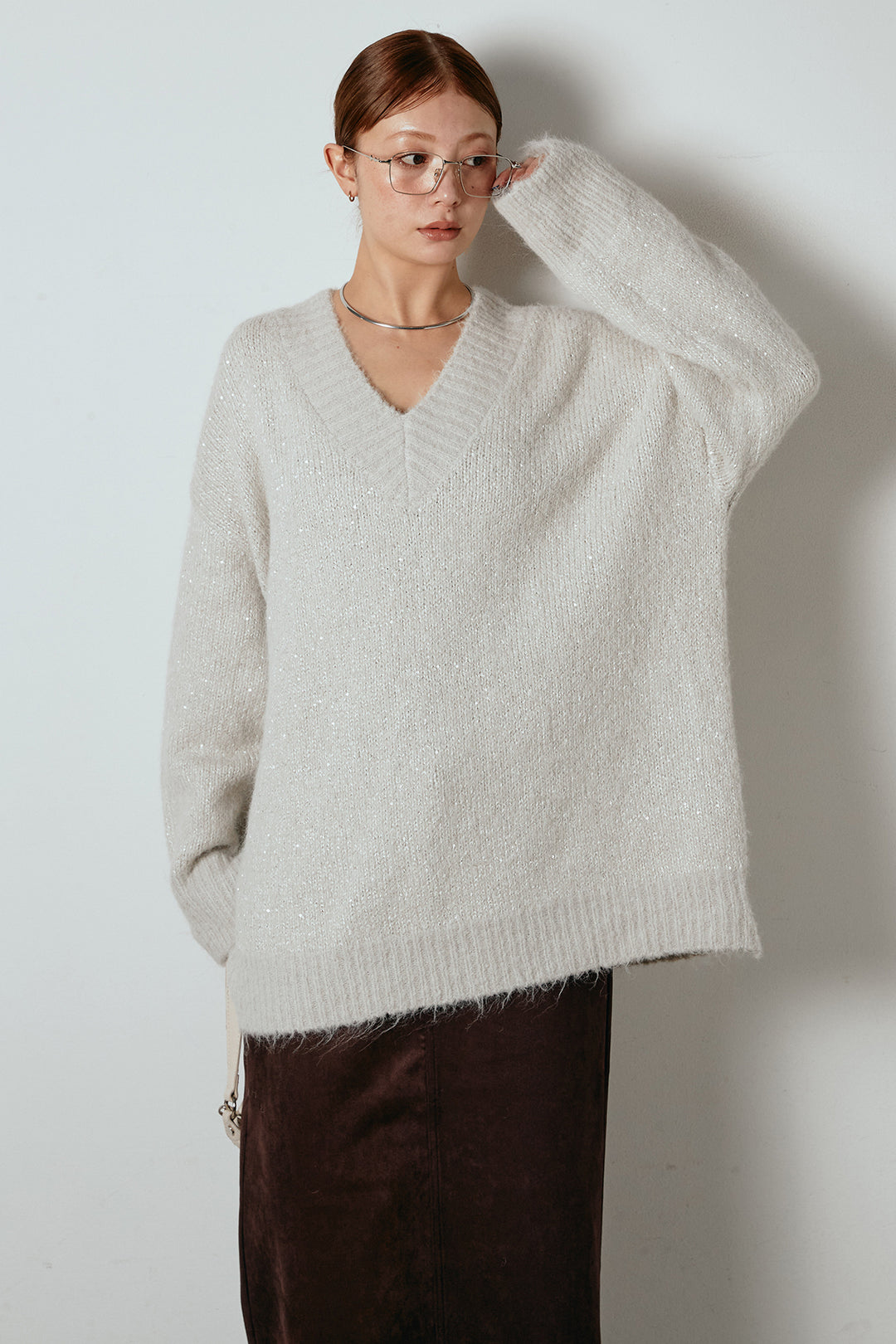 [SET]Vネックルーズラメニットトップス+スウェードライク裾フリンジスカート(2set)