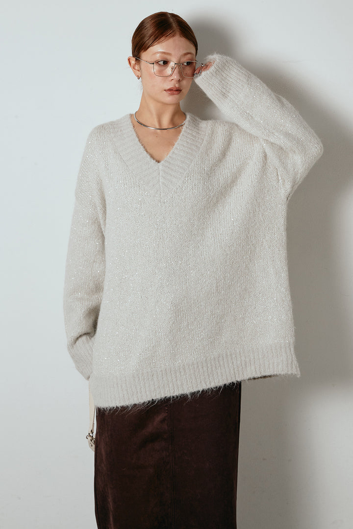 [SET]Vネックルーズラメニットトップス+スウェードライク裾フリンジスカート(2set)