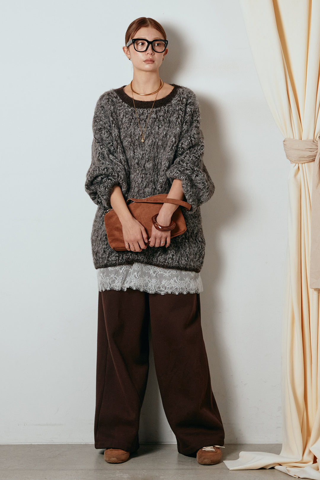 [SET]ボリュームスリーブミックスニットトップス+レース切り替えキャミソール(2set)