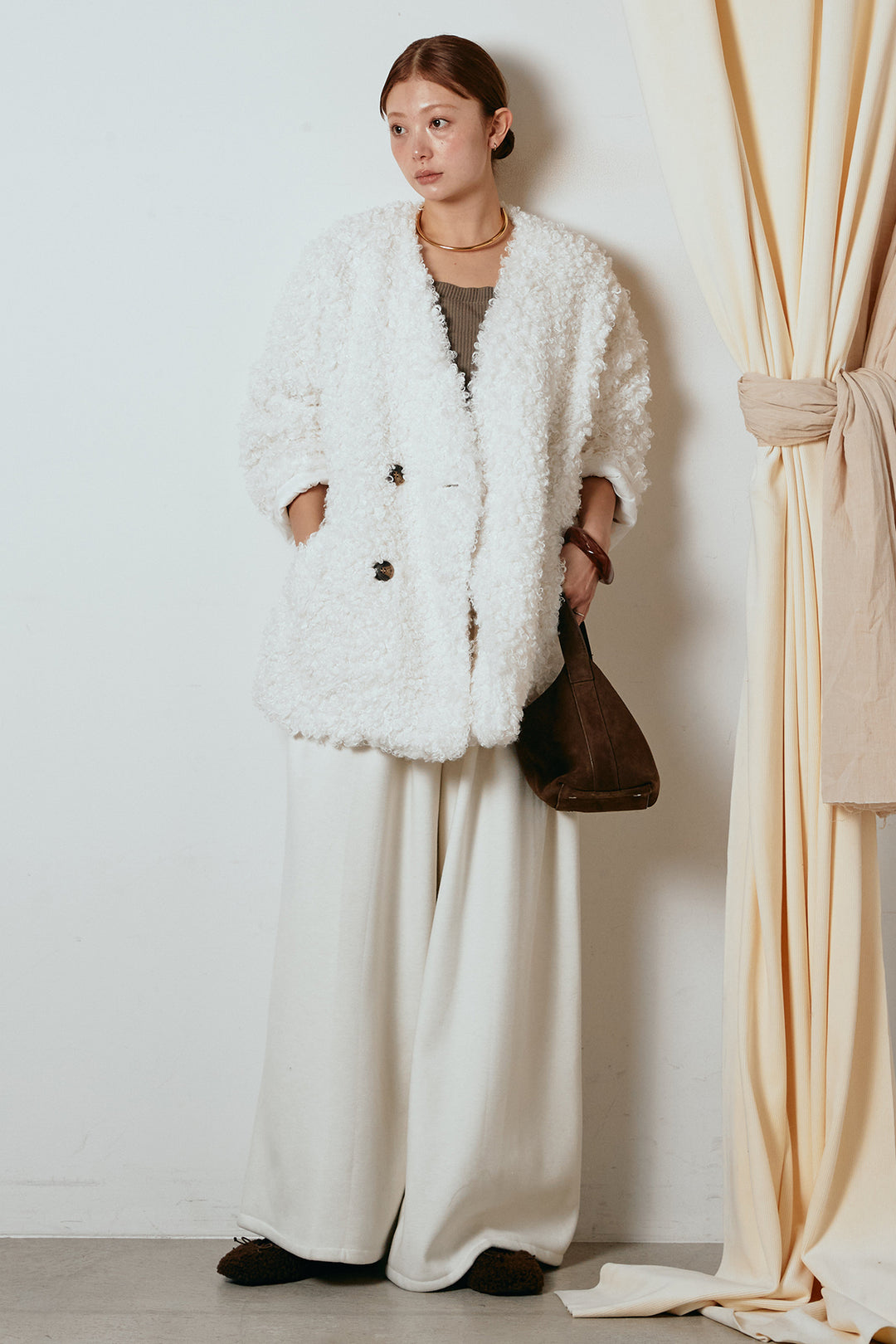 [SET]シープライクファージャケット+フェイクレザー太ベルト付きタックワイドパンツ(2set)